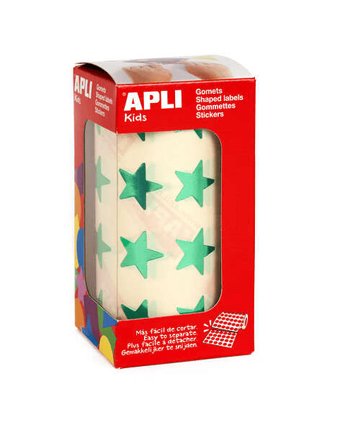 Apli Gomets Estrella Verde Metalizado - Tamaño 19.5mm - 1416 Gomets por Rollo - Adhesivo Permanente - Ideal para Escuelas y Talleres Infantiles - Cump