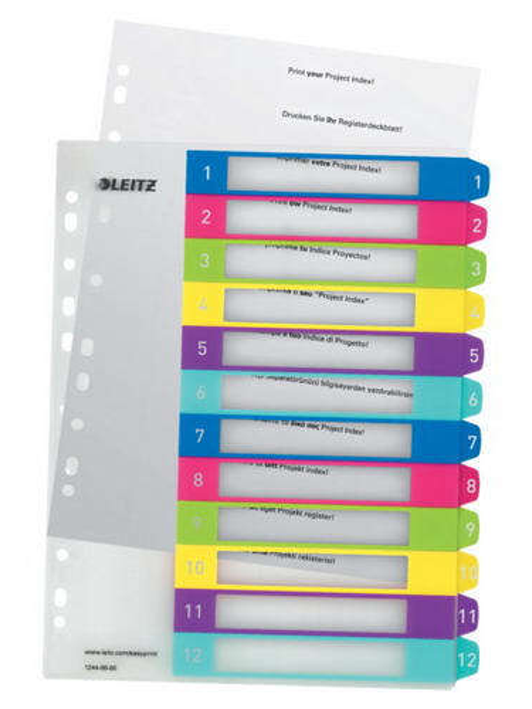 Leitz WOW Indice de Plastico Imprimible Multicolor 12 Pestañas - Multitaladro - Formato A4 - Color Translucido 1