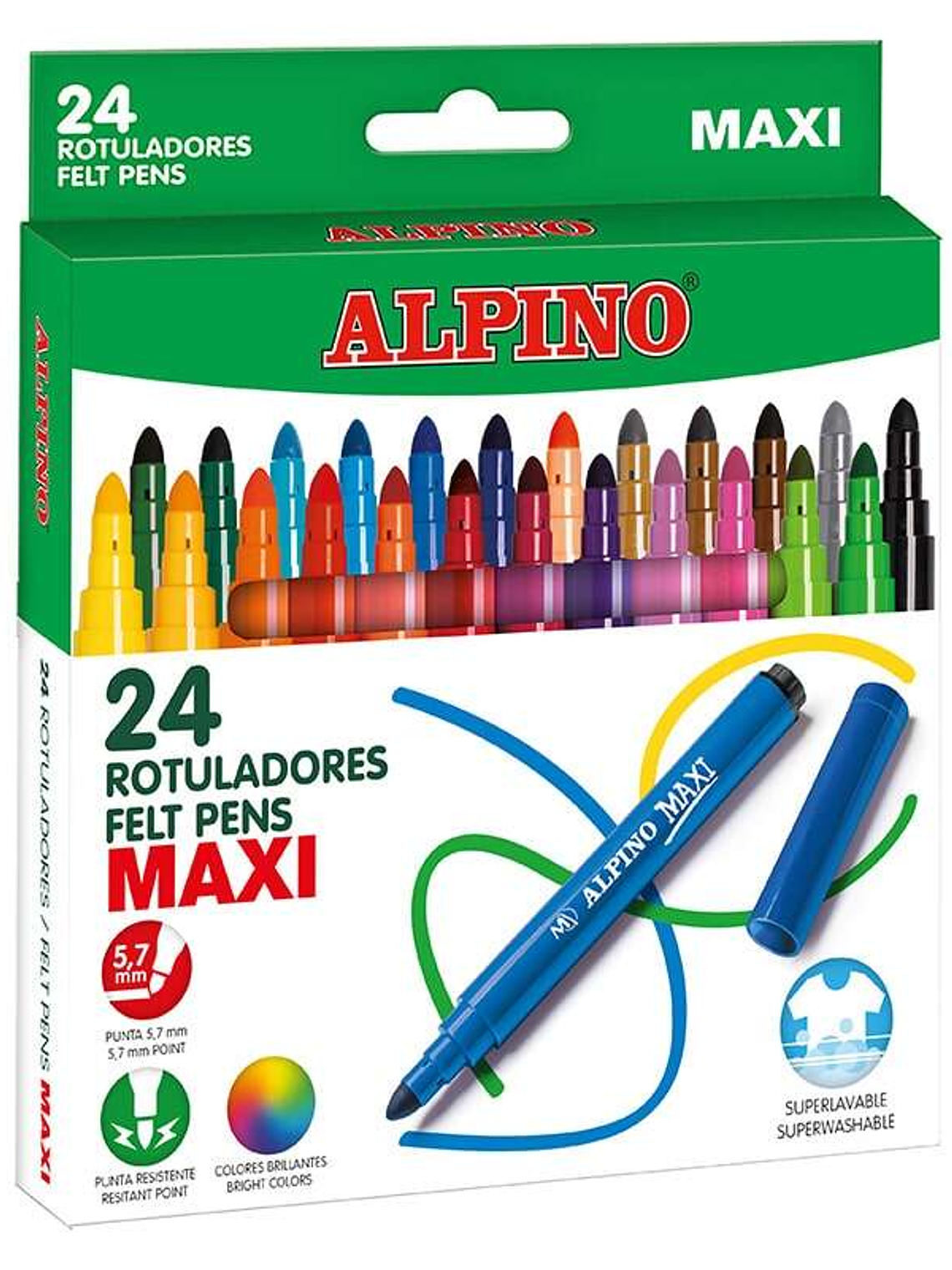 Alpino Pack de 24 Maxi Rotuladores Gruesos - Punta de 6mm - Superlavables, Resistentes y Duraderos - Colores Brillantes - Colores Surtidos 1