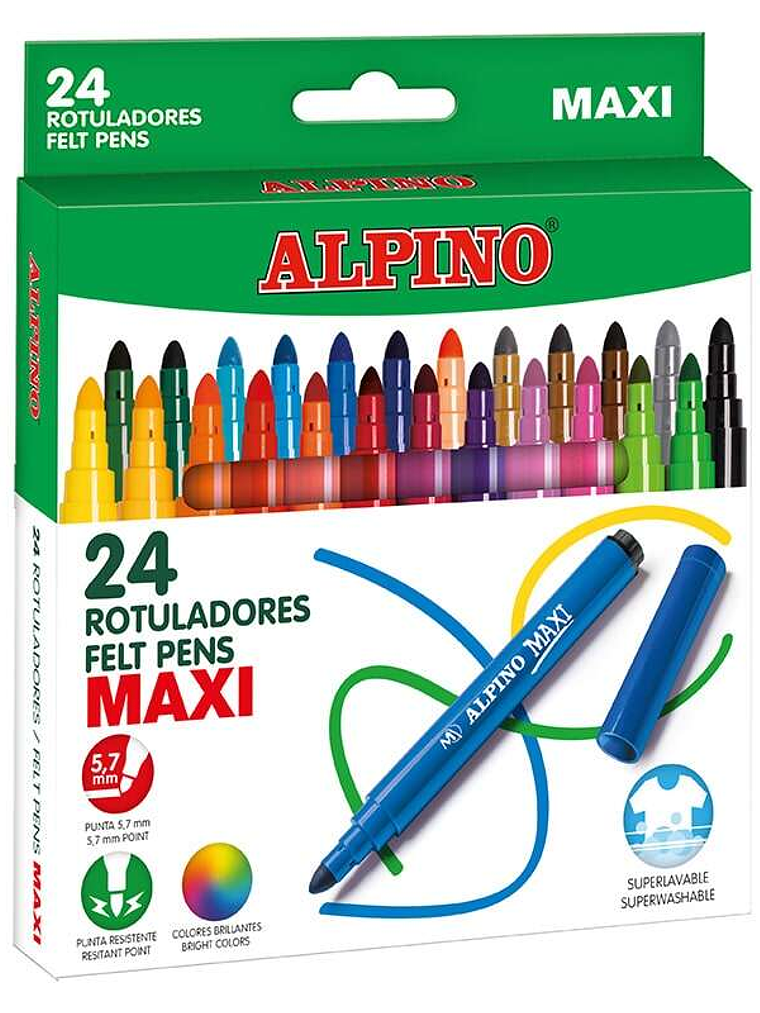 Alpino Pack de 24 Maxi Rotuladores Gruesos - Punta de 6mm - Superlavables, Resistentes y Duraderos - Colores Brillantes - Colores Surtidos 1