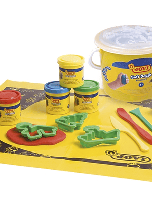 Jovi Soft Dough Blandiver Cubo 4 Botes 50gr + Accesorios - Blanda y Flexible - Facil de Amasar y Moldear - Ideal para Iniciacion al Modelaje - Color V