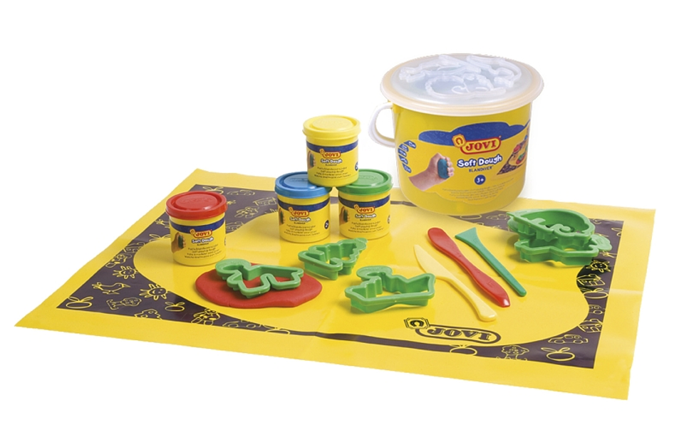 Jovi Soft Dough Blandiver Cubo 4 Botes 50gr + Accesorios - Blanda y Flexible - Facil de Amasar y Moldear - Ideal para Iniciacion al Modelaje - Color V 1