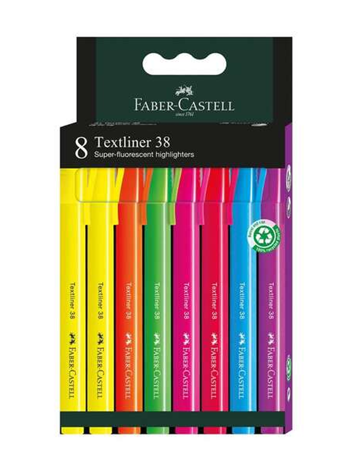 Faber-Castell Textliner 38 Pack de 8 Marcadores Fluorescentes - Cuerpo Fino - Punta Biselada - Trazo Grueso y Fino - Tinta con Base de Agua - Colores 1