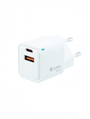 Coolbox Cargador de Pared 20W QC3.0 + PD - USB-A + USB-C - Carga Rapida - Tecnología GaN - Color Blanco
