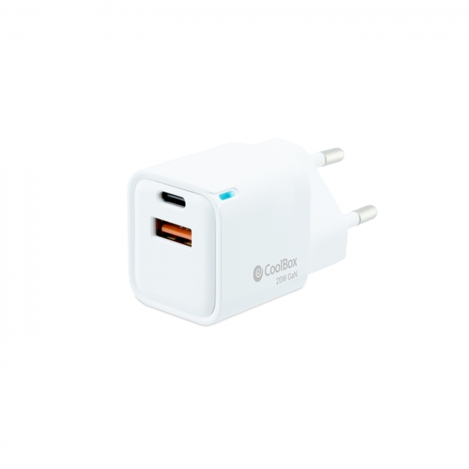 Coolbox Cargador de Pared 20W QC3.0 + PD - USB-A + USB-C - Carga Rapida - Tecnología GaN - Color Blanco 1
