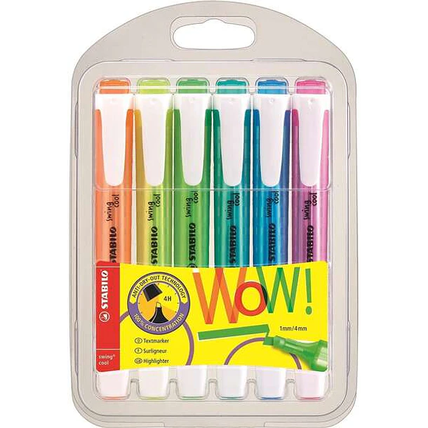 Stabilo Swing Cool Pack de 6 Marcadores Fluorescentes - Cuerpo Plano - Punta Biselada - Trazo entre 1 y 4mm - Tinta con Base de Agua - Antisecado - Co