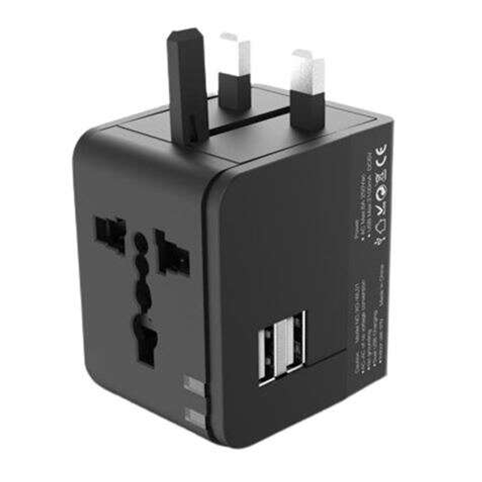 XO Adaptador de Viaje Universal - Voltaje 110V-240V - 2 Puertos USB 2.1Amp - Conexiones para UK, EU, AU, US - Color Negro 1