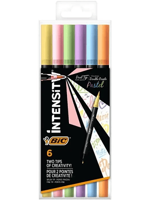 Bic Intensity Dual Tip Pastel Pack de 6 Rotuladores Doble Punta - Punta de Pincel + Punta Fina - Tinta con Base de Agua - Colores Pastel Surtidos