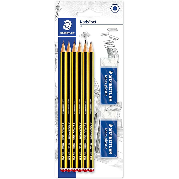 Staedtler Noris 120 Pack de 6 Lapices de Grafito Hexagonales 2HB + 2 Gomas de Borrar Mars Plastic - Madera de Bosques Sostenibles