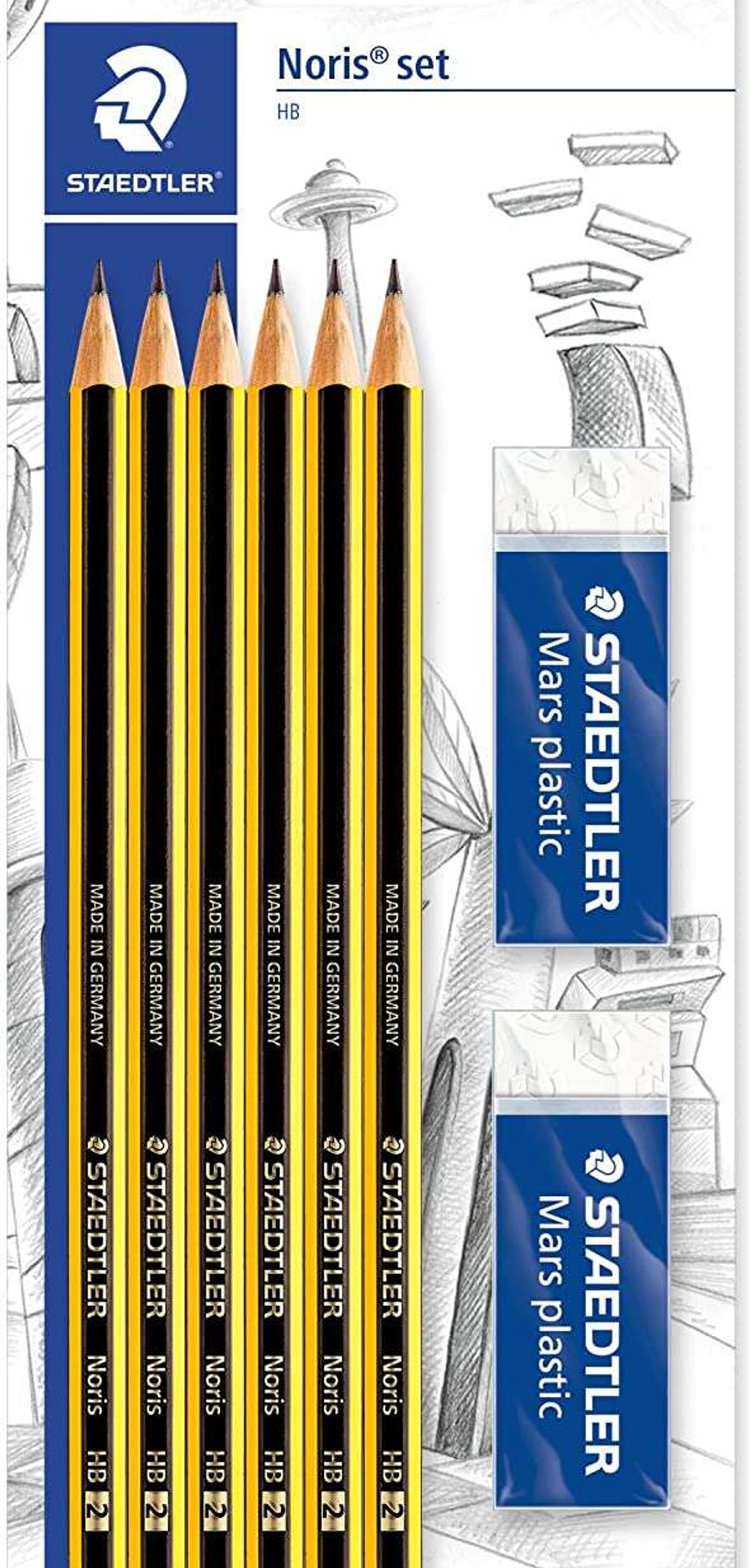 Staedtler Noris 120 Pack de 6 Lapices de Grafito Hexagonales 2HB + 2 Gomas de Borrar Mars Plastic - Madera de Bosques Sostenibles 1