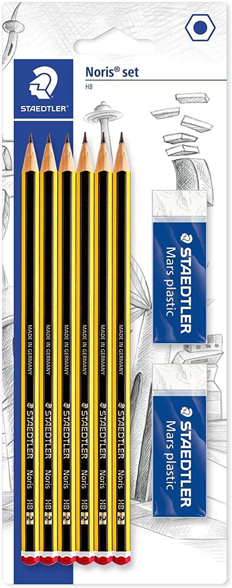 Staedtler Noris 120 Pack de 6 Lapices de Grafito Hexagonales 2HB + 2 Gomas de Borrar Mars Plastic - Madera de Bosques Sostenibles 1