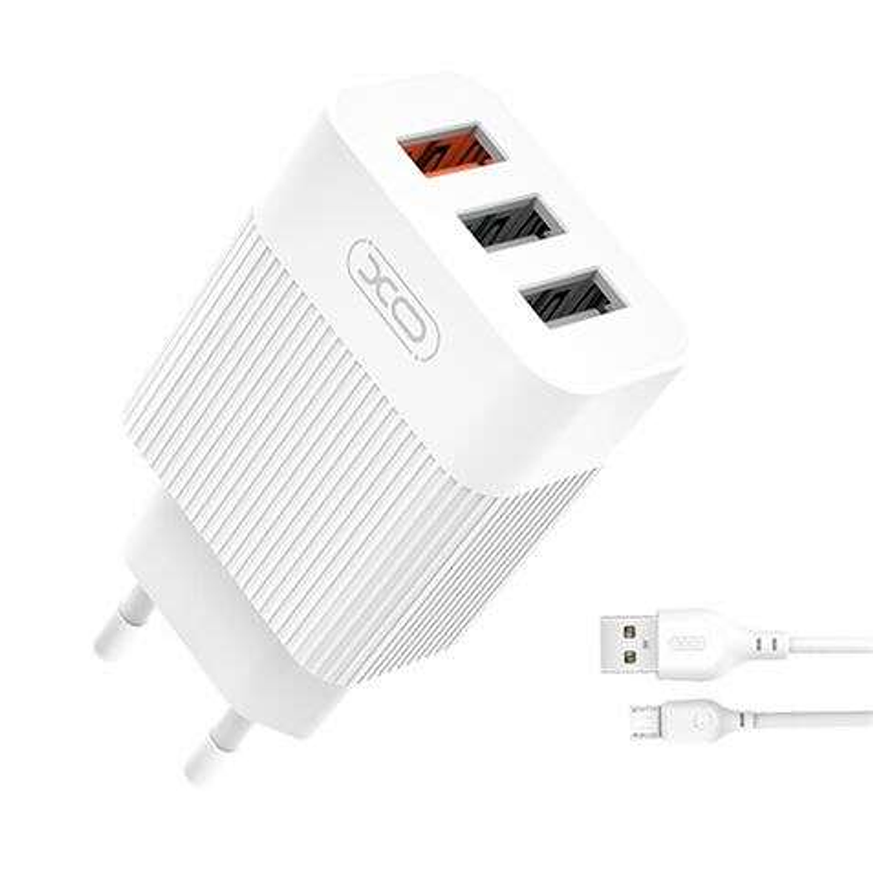XO L72 Pack Cargador de Corriente 1x USB-A 18W Carga Rapida 3.0, 2x USB-A + Cable USB-A a MicroUSB 1