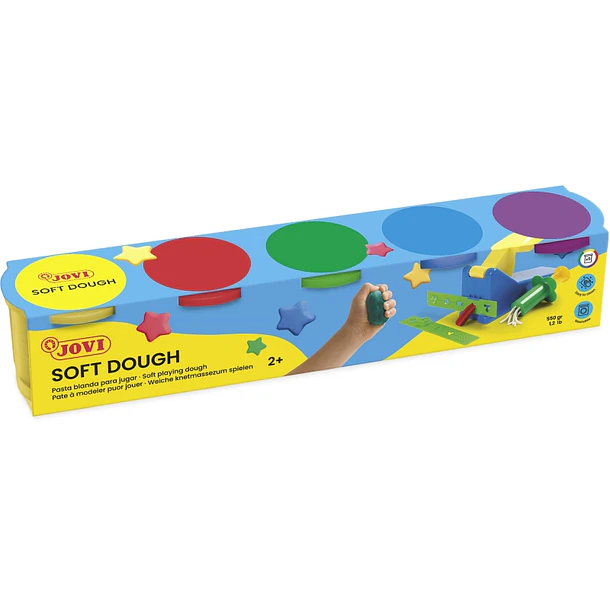 Jovi Soft Dough Estuche de 5 Botes 110G - Blanda y Flexible - Facil de Amasar y Moldear - Fomenta Creatividad y Motricidad Fina - Uso Educativo y Tera