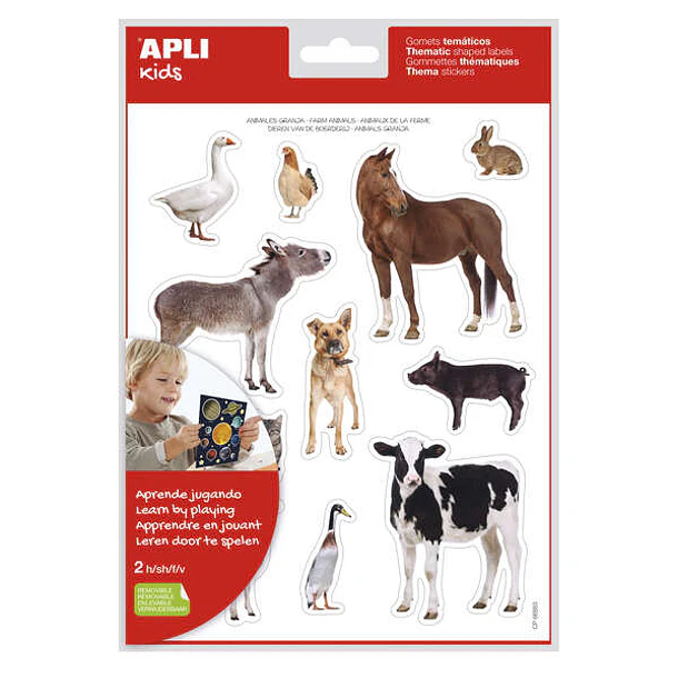 Apli Bolsa de Gomets Tematicos Realistas Animales de la Granja - 24 Gomets - Adhesivo Removible - Desarrollo de Habilidades Motoras - Normas de Calida