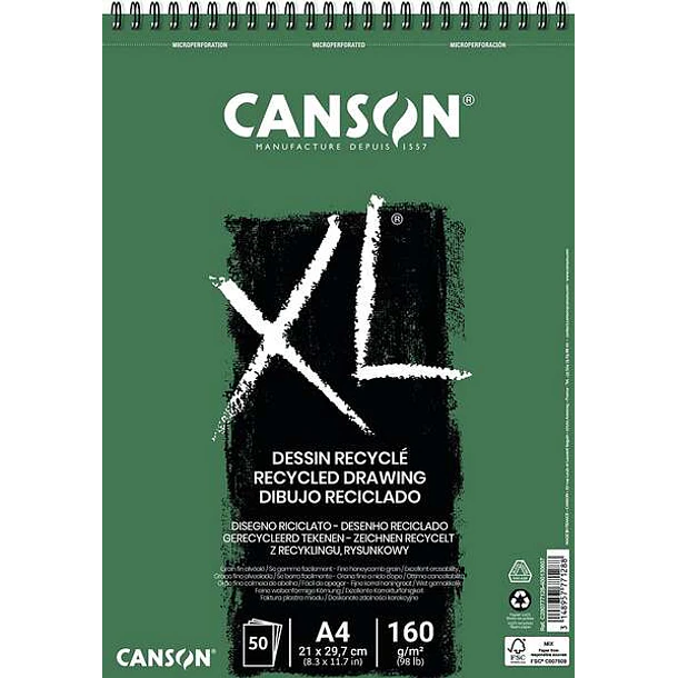 Canson XL Recycled Bloc de Dibujo con 50 Hojas A4 - Espiral Microperforado - Grano Fino - 160g - Color Blanco