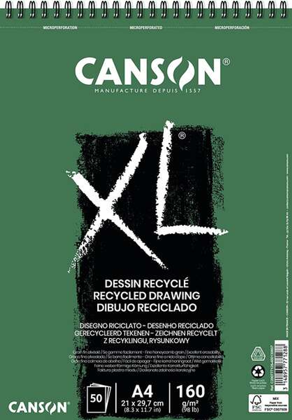 Canson XL Recycled Bloc de Dibujo con 50 Hojas A4 - Espiral Microperforado - Grano Fino - 160g - Color Blanco 1