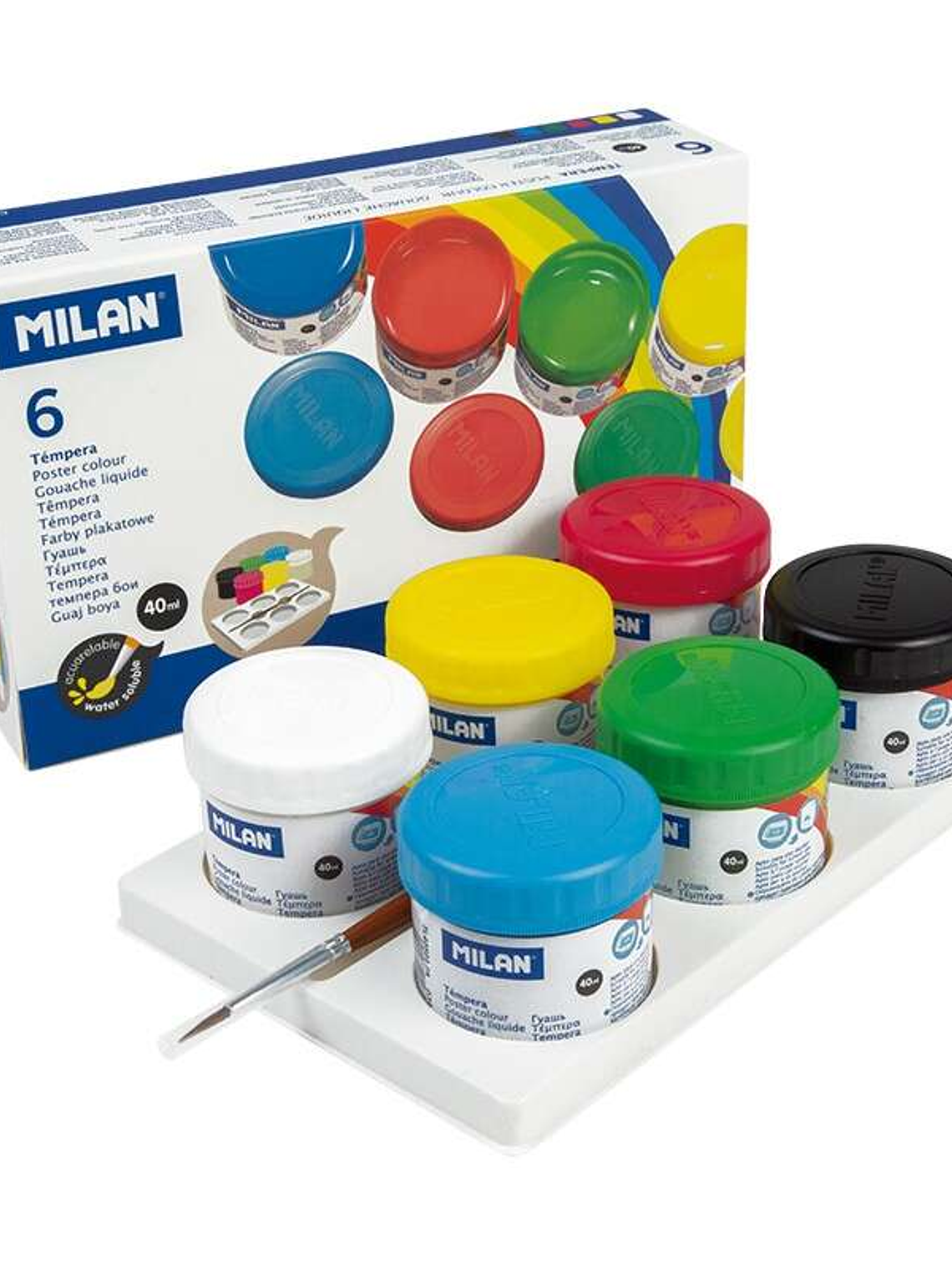Milan Pack de 6 Botes de Tempera 40ml + 1 Pincel Serie 101 - Secado Rapido - Mezclable - Colores Surtidos 1