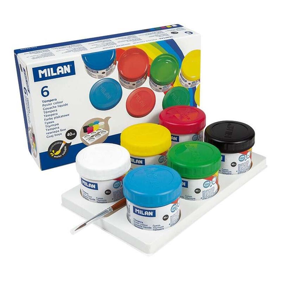 Milan Pack de 6 Botes de Tempera 40ml + 1 Pincel Serie 101 - Secado Rapido - Mezclable - Colores Surtidos 1