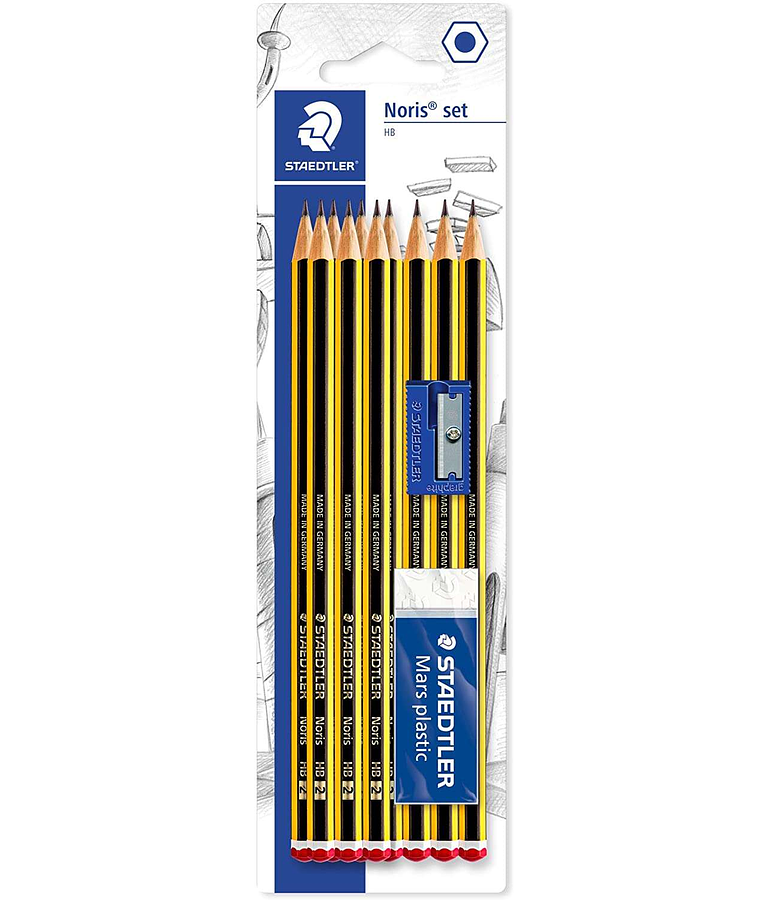 Staedtler Noris 120 Pack de 10 Lapices de Grafito Hexagonales 2HB + 1 Goma de Borrar Plastic 526 50 + 1 Sacapuntas 510 50 - Resistencia a la Rotura -