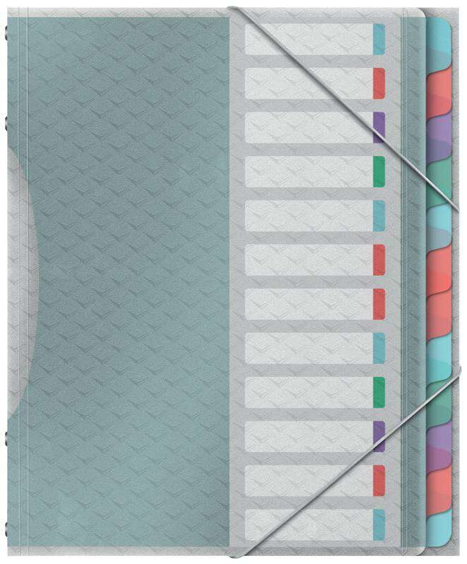 Esselte Colour'Breeze Clasificador con 12 Pestañas Multicolor - Para Formato A4 - 3 Solapas en la Contraportada - Polpropileno en Relieve - Cierre con 1