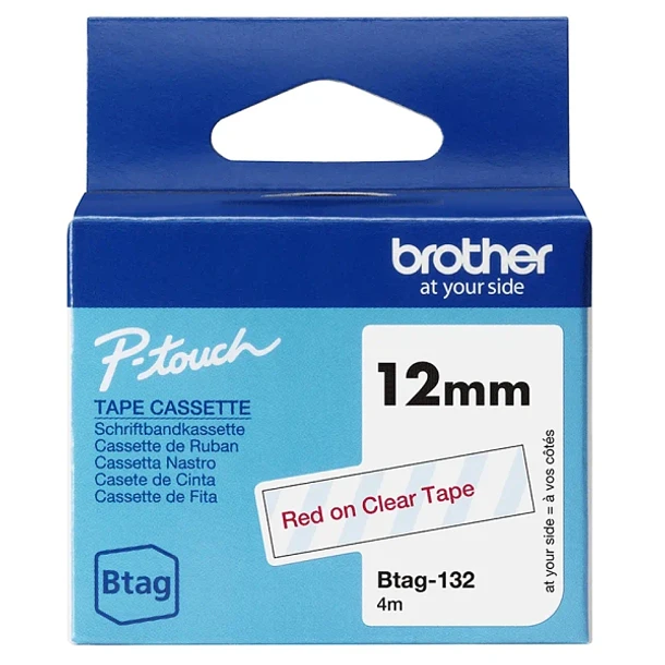 Brother Btag-132 Cinta 12mm - Texto Rojo sobre Fondo Transparente - Medidas 12mmx4 Metros - Apta para PTN10, PTN20, PTN25BT