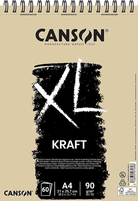 Canson XL Kraft Rayado Bloc de Dibujo con 60 Hojas A4 - Espiral Microperforado - 21x29.7cm - 90g - Color Beige