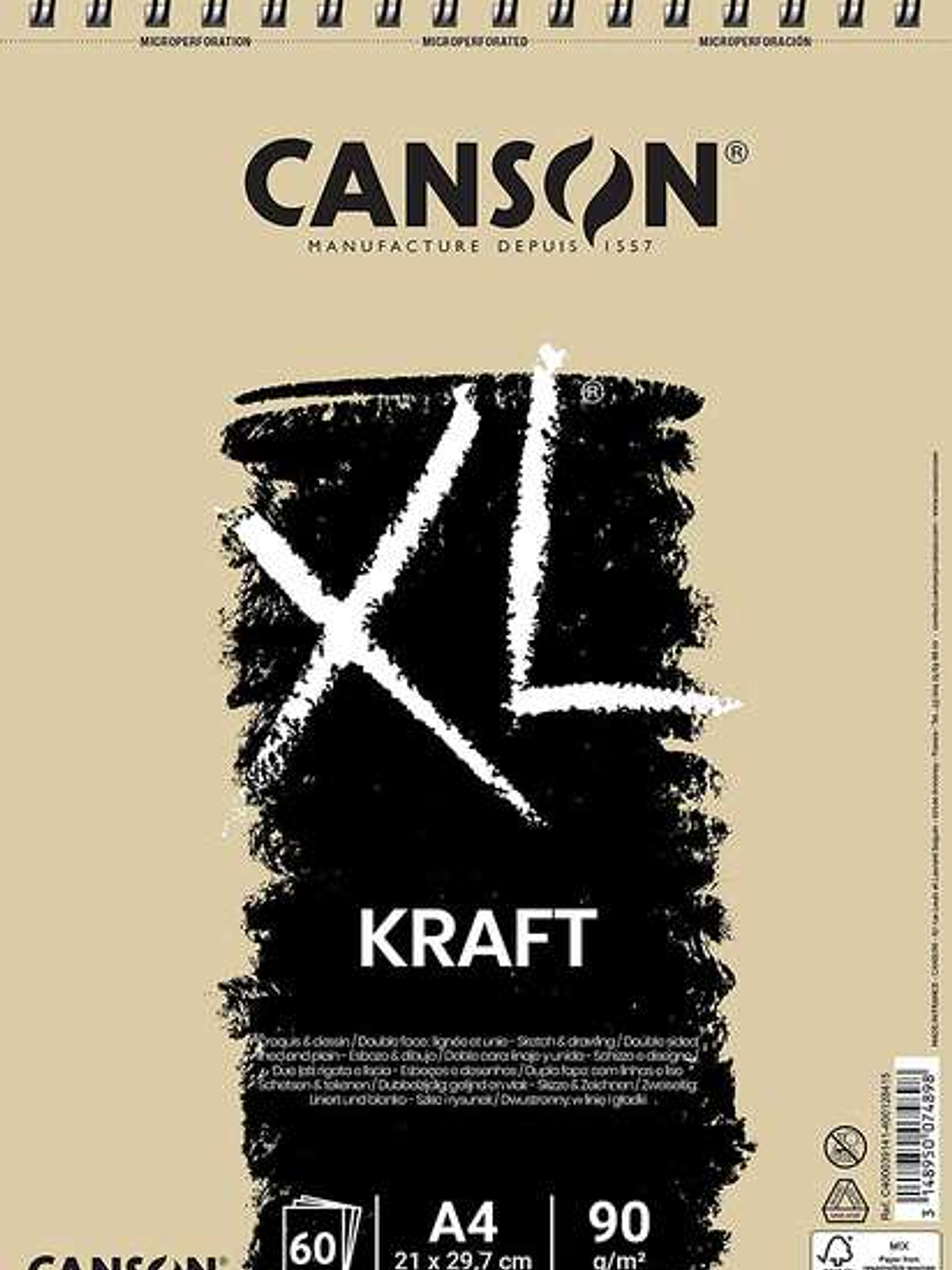 Canson XL Kraft Rayado Bloc de Dibujo con 60 Hojas A4 - Espiral Microperforado - 21x29.7cm - 90g - Color Beige 1