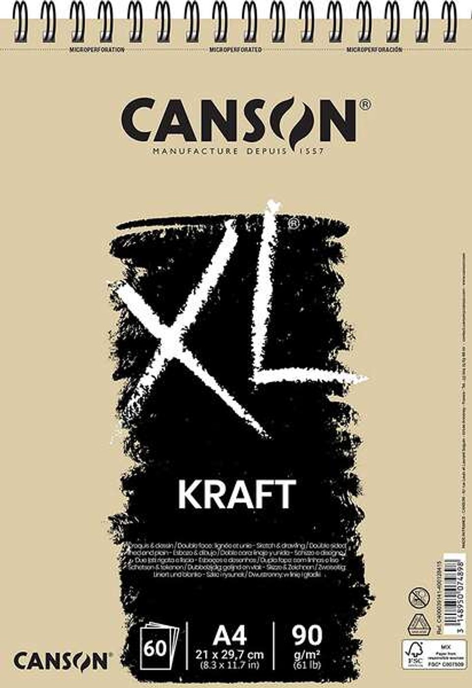Canson XL Kraft Rayado Bloc de Dibujo con 60 Hojas A4 - Espiral Microperforado - 21x29.7cm - 90g - Color Beige 1