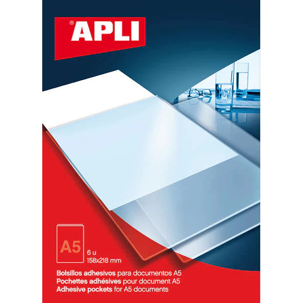 Apli Bolsillos Adhesivos A5 - Bolsillo Adicional para Documentos e Imagenes - 6 Unidades por Bolsa