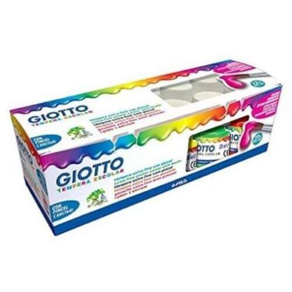 Giotto Tempera Pack de 12 Botes de 25 ml. + Pincel - Base Agua - Excelente Cobertura - Colores Surtidos 1
