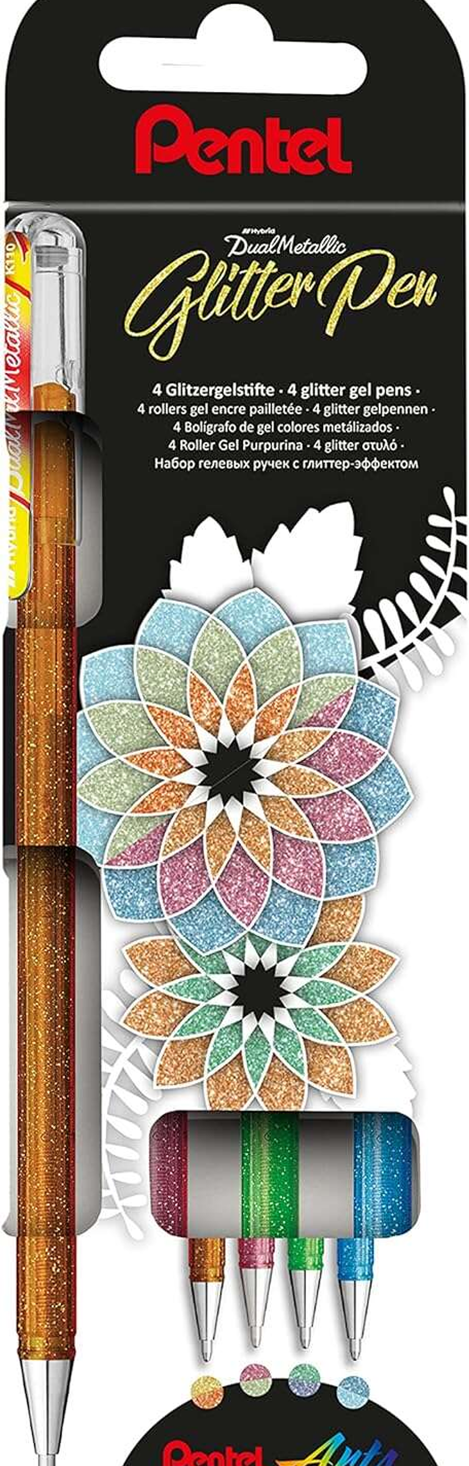 Pentel Hybrid Dual Metallic Pack de 4 Boligrafos de Bola con Tinta Gel Brillante - Punta 1mm - Trazo 0.5mm - Colores Brillantes Surtidos 1