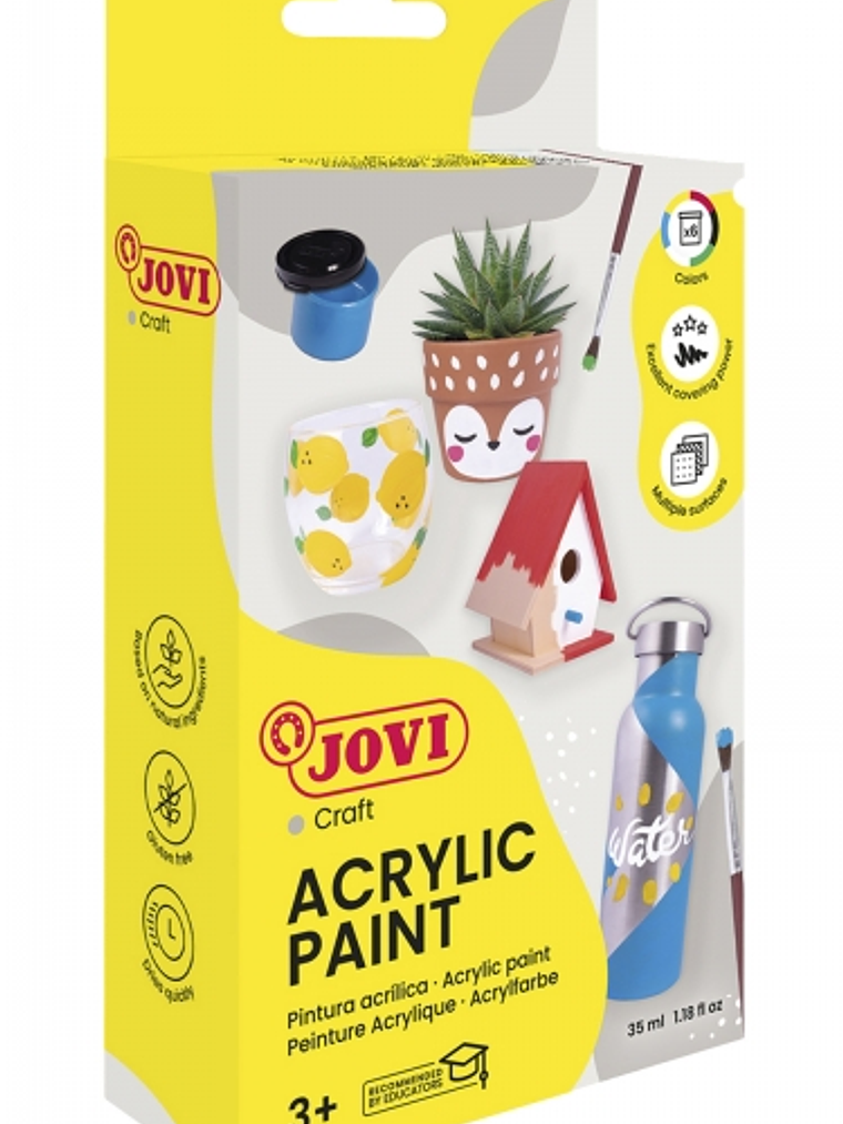 Jovi Pintura Acrilica Estuche con 6 Botes + Pincel - Acabado Satinado - Alto Poder Cubriente - Aplicacion Facil - Resistente al Agua y Jabon - Color S 1