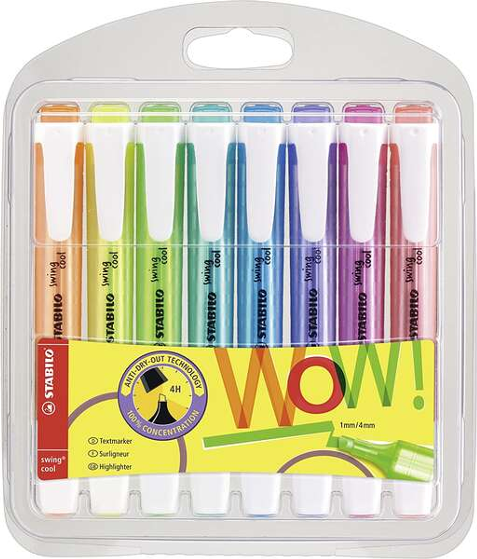 Stabilo Swing Cool Pack de 8 Marcadores Fluorescentes - Cuerpo Plano - Punta Biselada - Trazo entre 1 y 4mm - Tinta con Base de Agua - Antisecado - Co 1