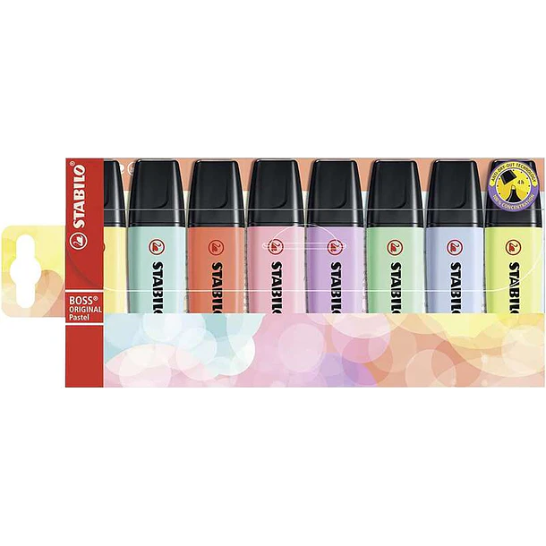 Stabilo Boss 70 Pastel Pack de 8 Marcadores Fluorescentes - Trazo entre 2 y 5mm - Recargable - Tinta con Base de Agua - Colores Surtidos
