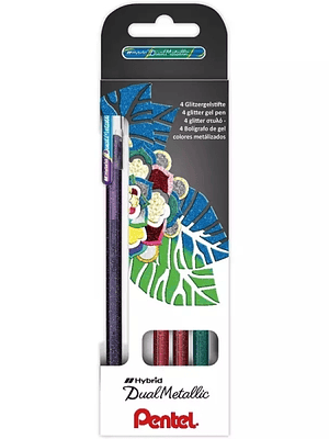 Pentel Hybrid Dual Metallic Pack de 4 Boligrafos de Bola con Tinta Gel Brillante - Punta 1mm - Trazo 0.5mm - Colores Brillantes Surtidos