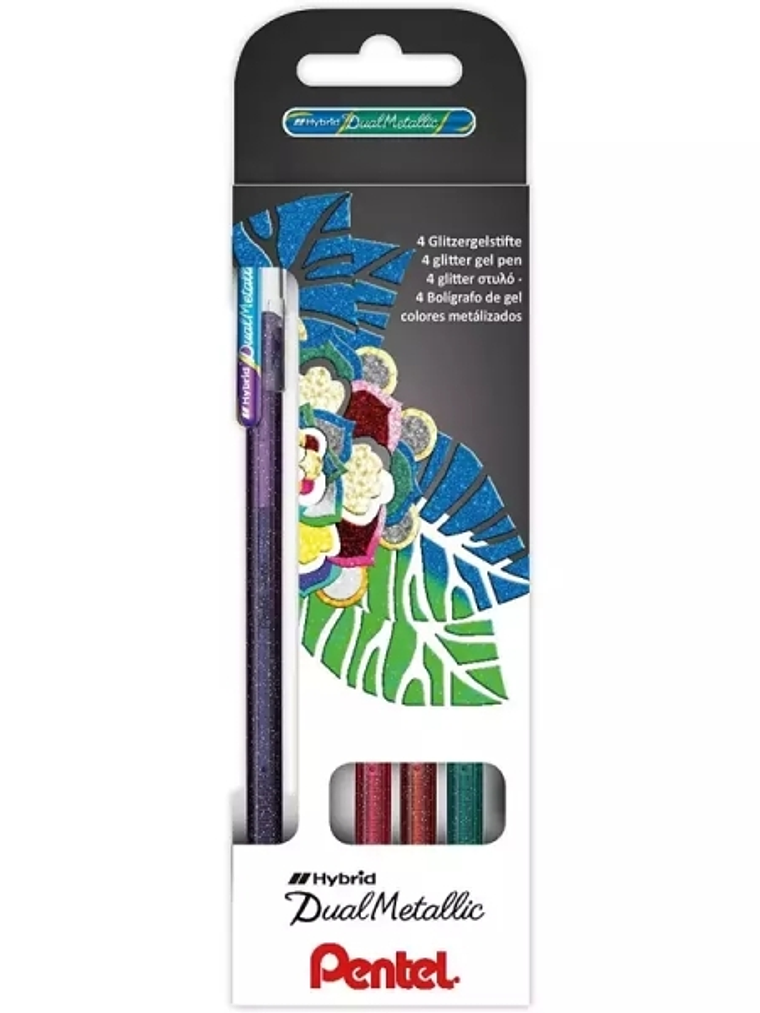 Pentel Hybrid Dual Metallic Pack de 4 Boligrafos de Bola con Tinta Gel Brillante - Punta 1mm - Trazo 0.5mm - Colores Brillantes Surtidos 1