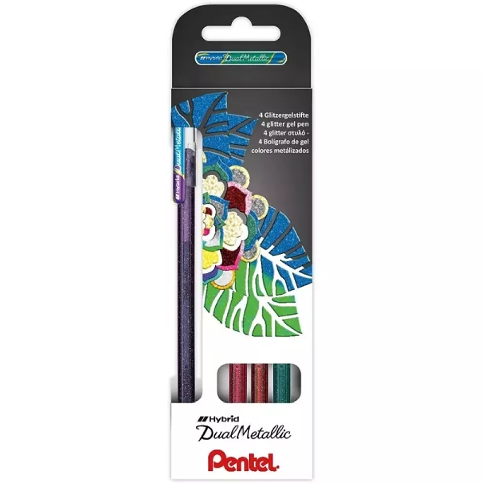 Pentel Hybrid Dual Metallic Pack de 4 Boligrafos de Bola con Tinta Gel Brillante - Punta 1mm - Trazo 0.5mm - Colores Brillantes Surtidos 1