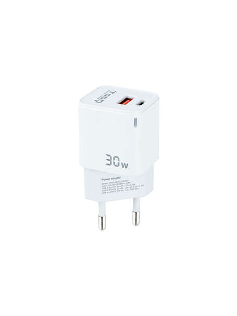Tooq Cargador de Pared GaN USB-C/PD + USB-A/QC 30W - Color Blanco 1