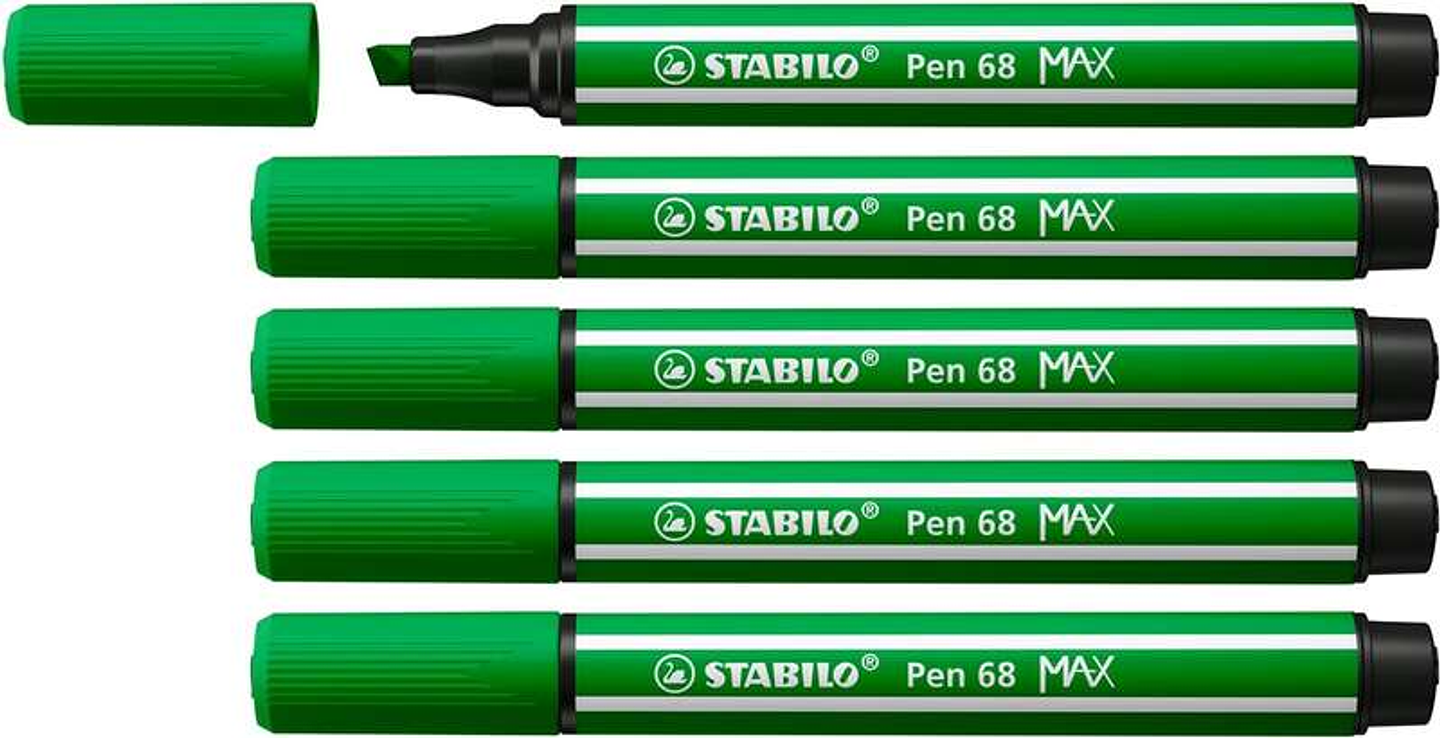 Stabilo Pen 68 MAX Rotulador - Punta de Fibra Biselada - Trazo entre 1-5mm aprox. - Tinta a Base de Agua - Color Verde 1