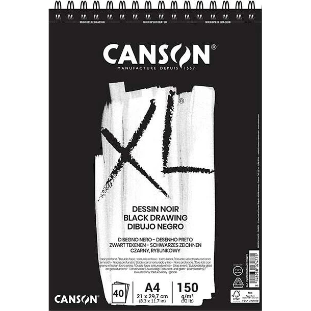 Canson XL Black Bloc de 40 Hojas A4 150g - Grano Fino - Espiral Microperforado - Color Negro
