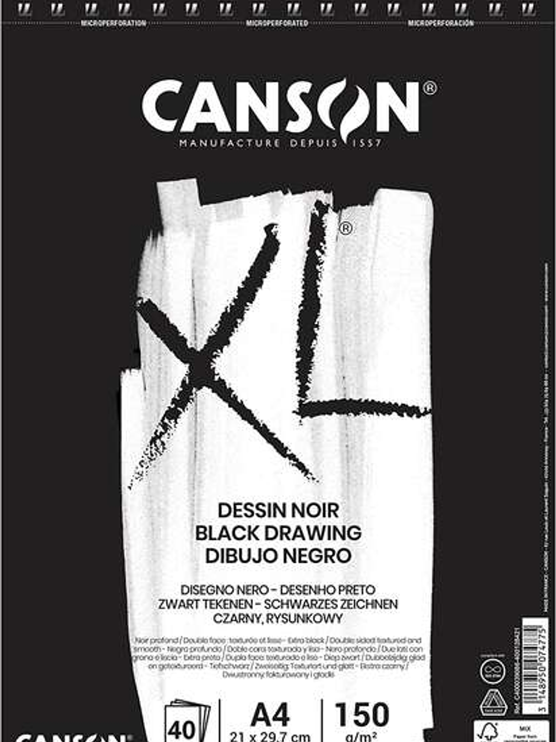 Canson XL Black Bloc de 40 Hojas A4 150g - Grano Fino - Espiral Microperforado - Color Negro 1