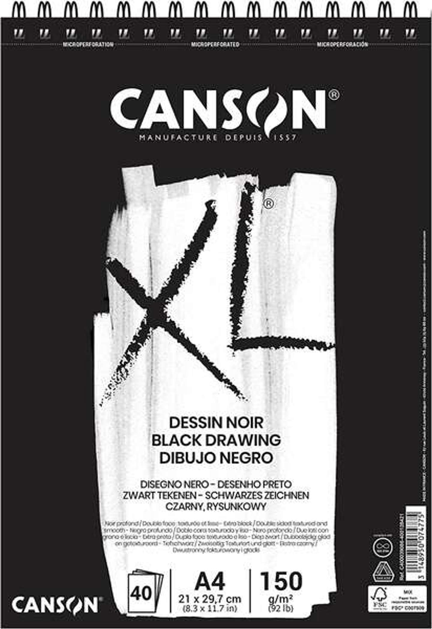 Canson XL Black Bloc de 40 Hojas A4 150g - Grano Fino - Espiral Microperforado - Color Negro 1