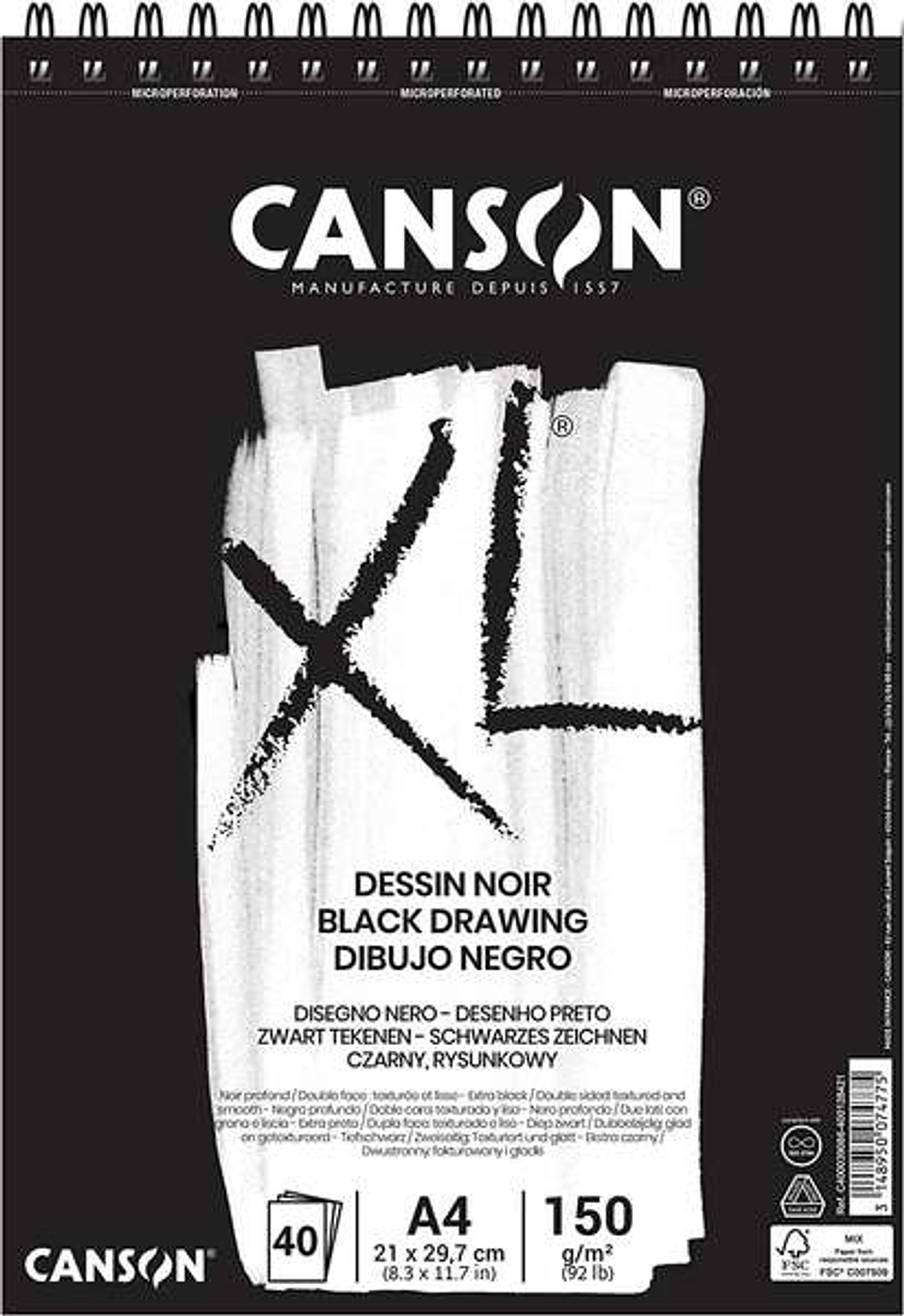 Canson XL Black Bloc de 40 Hojas A4 150g - Grano Fino - Espiral Microperforado - Color Negro 1