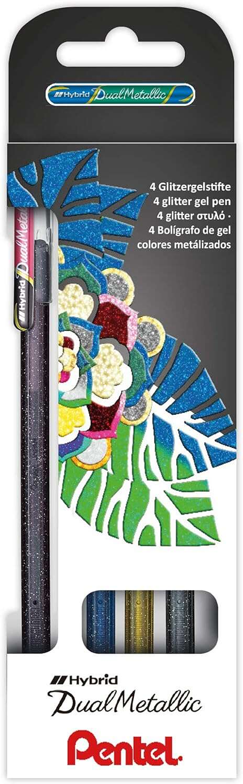 Pentel Hybrid Dual Metallic Pack de 4 Boligrafos de Bola con Tinta Gel Brillante - Punta 1mm - Trazo 0.5mm - Colores Brillantes Surtidos