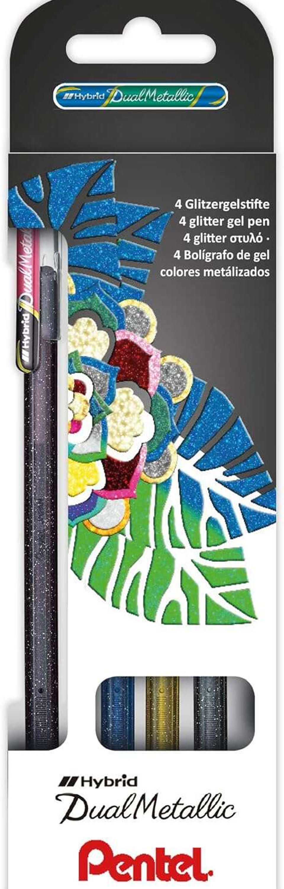 Pentel Hybrid Dual Metallic Pack de 4 Boligrafos de Bola con Tinta Gel Brillante - Punta 1mm - Trazo 0.5mm - Colores Brillantes Surtidos 1
