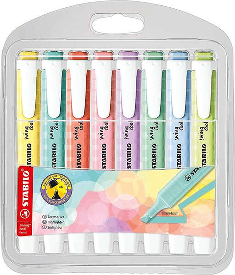 Stabilo Swing Cool Pastel Pack de 8 Marcadores Fluorescentes - Cuerpo Plano - Punta Biselada - Trazo entre 1 y 4mm - Tinta con Base de Agua - Colores