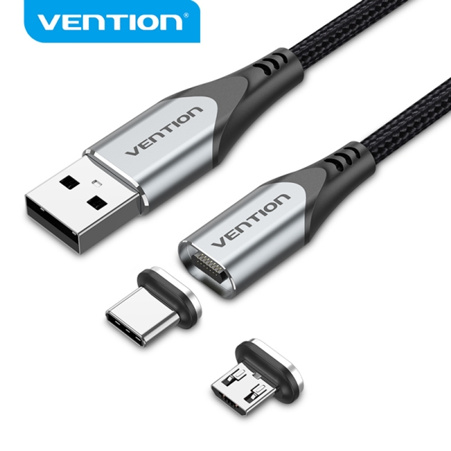Vention CQMHD Cable USB-A 2.0 a Micro-B y USB-C Magnetico - Conectores Intercambiables - Transferencia 480 Mb/s - Color Gris 1
