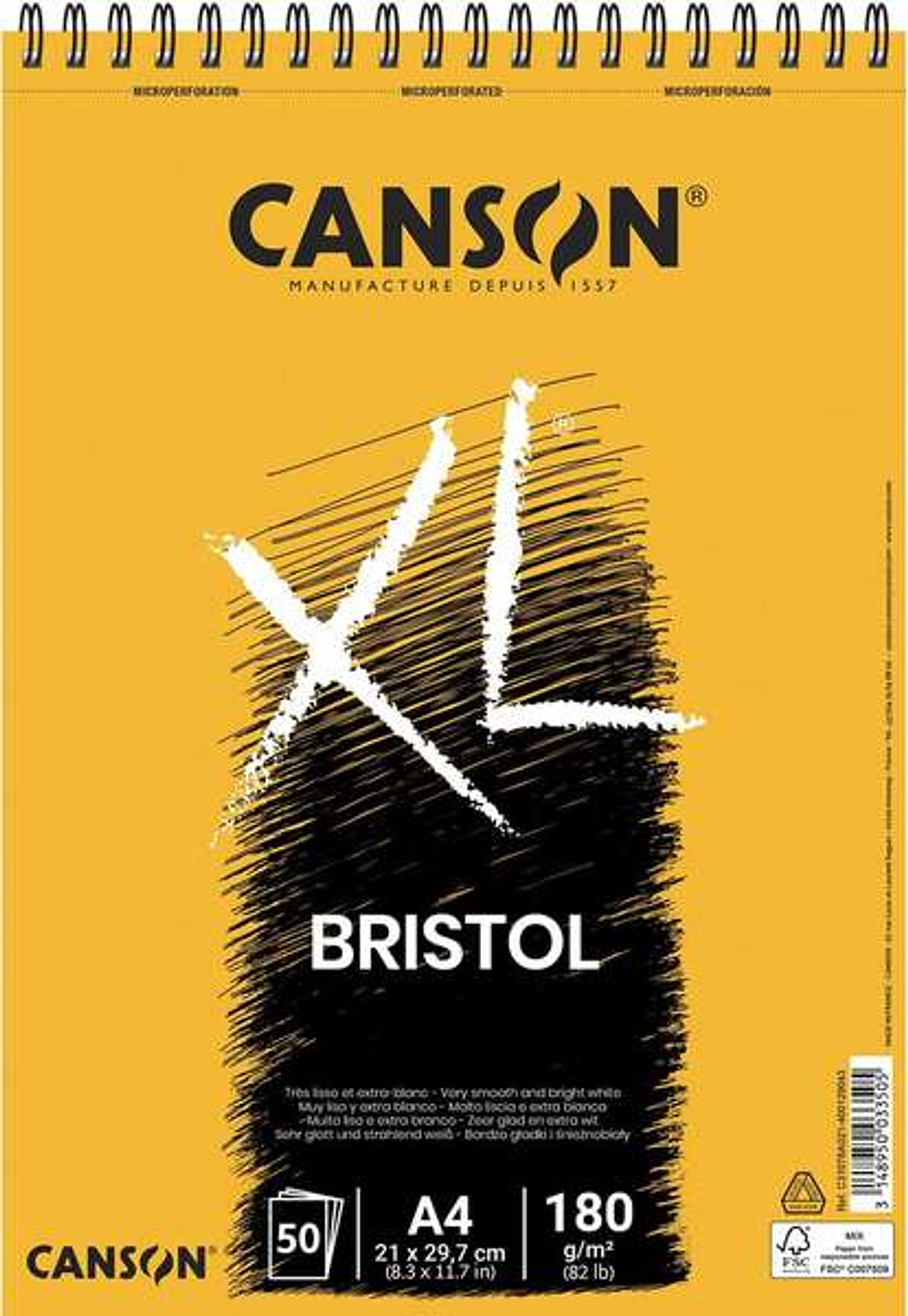 Canson Bloc XL Bristol Extraliso A4 de 50 Hojas 180gr - Acabado Satinado - Muy Resistente - Color Blanco 1