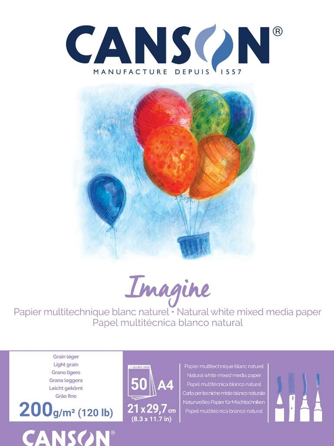 Canson Imagine Bloc Encolado de 50 Hojas 200gr A4 - Grano Fino - Color Blanco 1