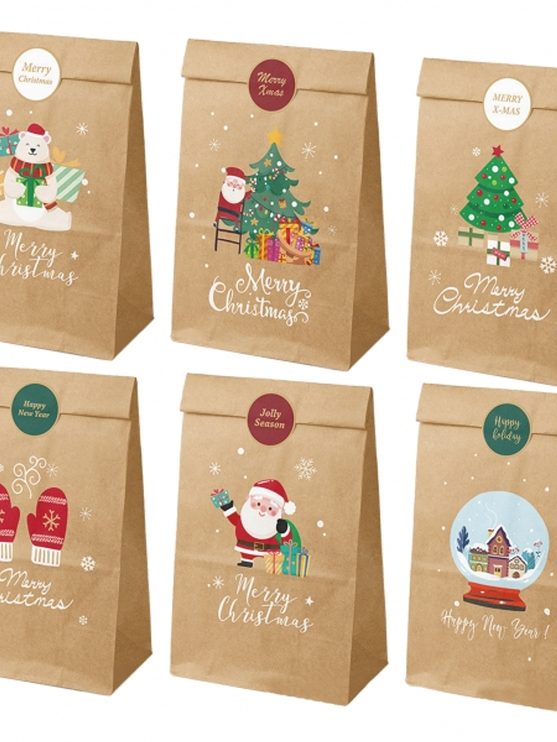 Dohe Navidad Pack de 12 Bolsas de Papel Kraft 22x12x8cm - 2 Bolsas por Modelo - Alta Resistencia 1